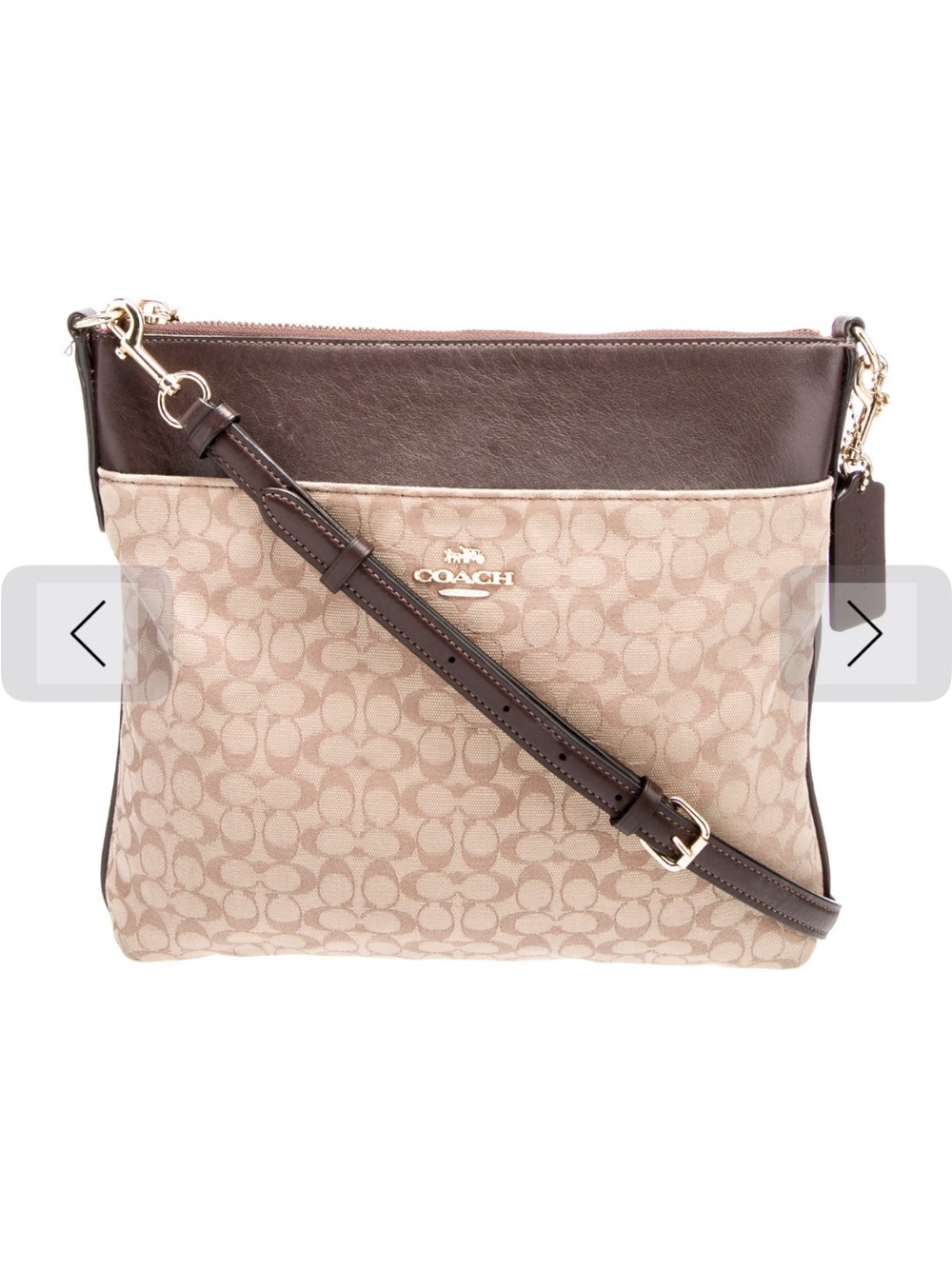 Coach Beige Signature Crossbody with Dark Brown Leather Trim